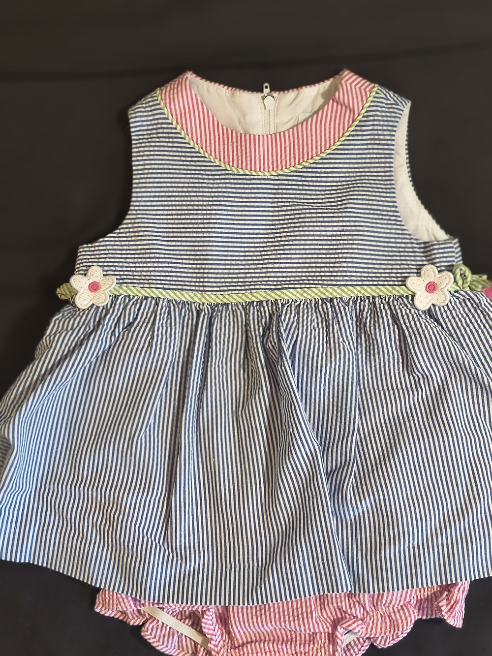 Florence Eiseman Blue and Pink Striped One Piece with Detailed Floral Trim